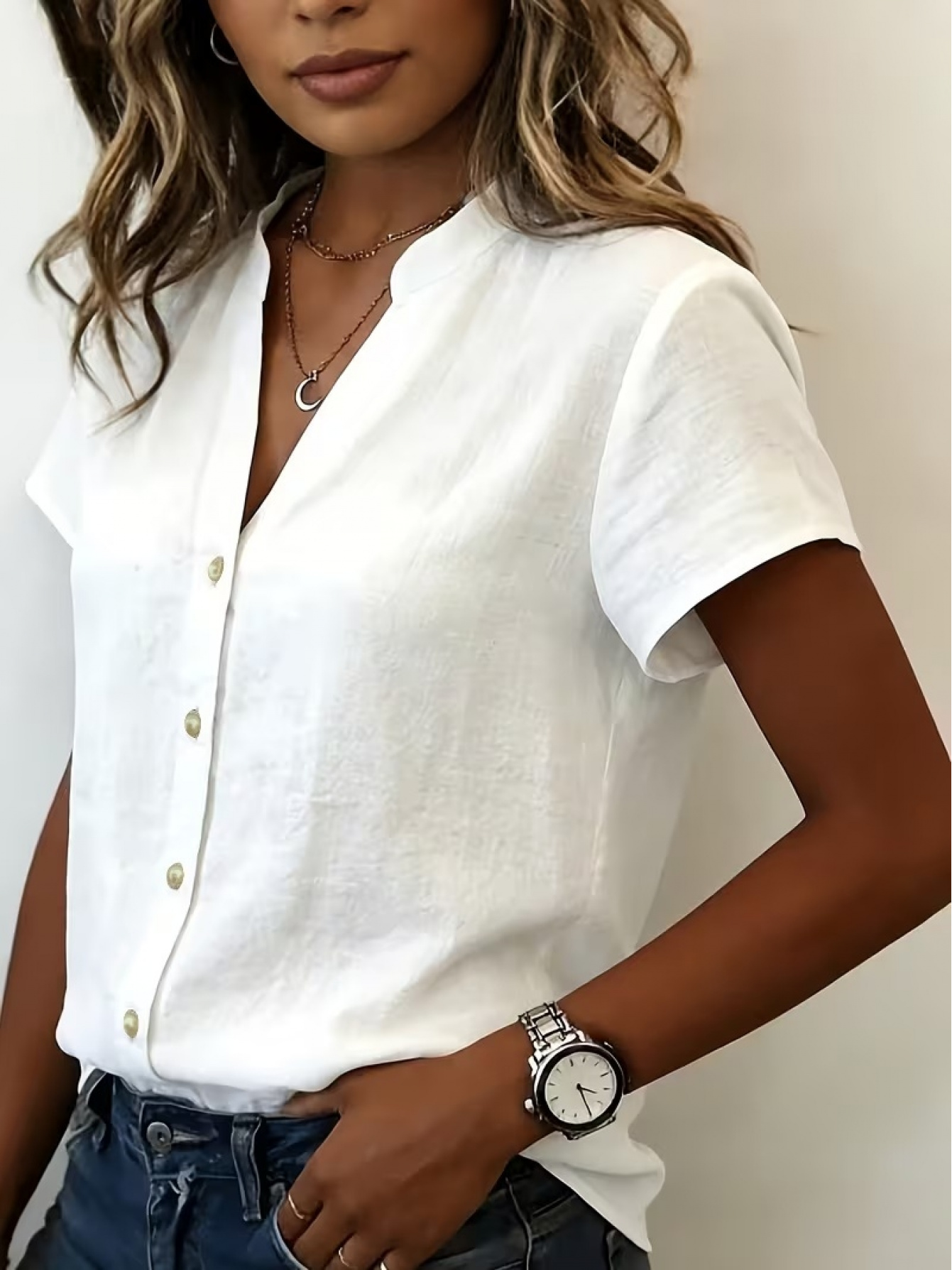 womens white short sleeve shirt v neck button front casual top for commuting and daily wear