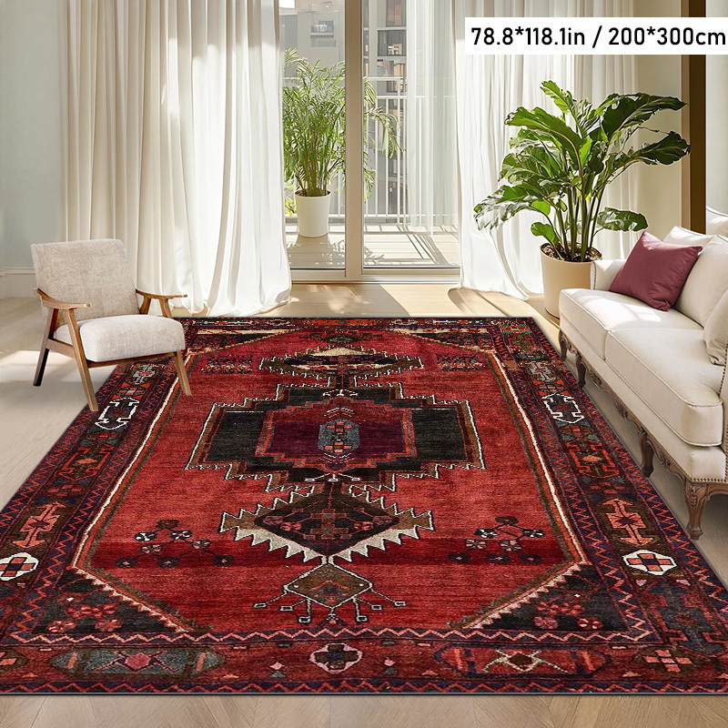 TEMU [soft Velvet And Pointed Base] 1pc Balcony Decoration, Courtyard Decor, Indoor Rug, Living Room Carpet, Vintage Geometric Red Tone Printed Rug,