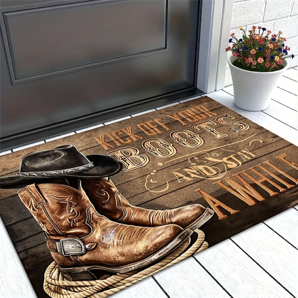 TEMU 1pc Large Western Style Welcome Mat - Cowboy Boot Shaped Entry Doormat With "please Remove Boots" Sign, Suitable For Farmhouse, Ranch, Porch,
