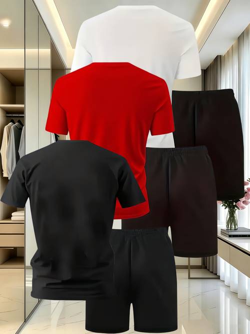 6-delige casual sportset voor heren met t-shirt en korte broek, gebreid polyesterweefsel, comfortabel en ademend, geschikt voor buiten joggen, hardlopen en fitness, met letterpatroonprint
