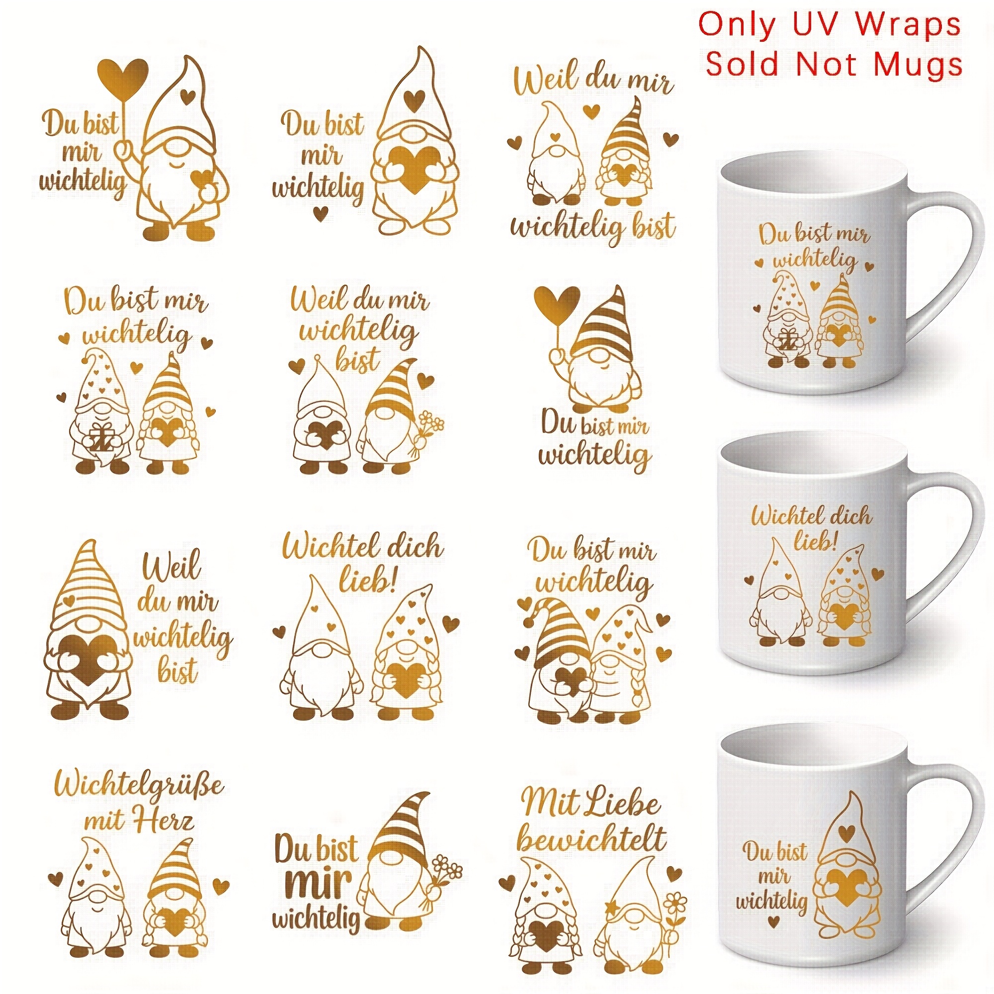 Image of 12pcs German Gold-themed Gnome Pattern Erasable Dtf Transfer Stickers - Heart-shaped Self-adhesive Flowers, Suitable For Glasses, Mugs, Bottles, And Laptops