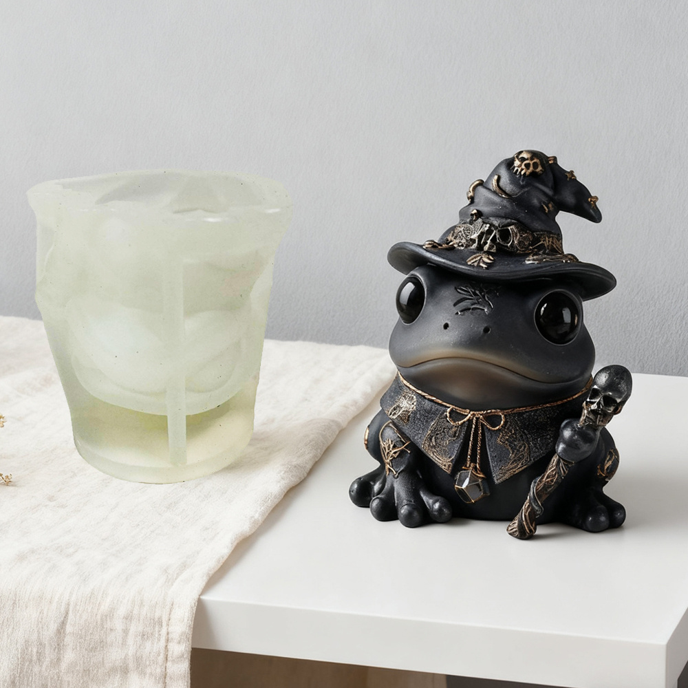 Image of Premium 3d Frog Silicone Mold - Wizard Frog With Hat & Staff, Gothic Diy Candle Making, Resin Crafts, Reusable Mold For Soy Wax, Spooky Soap Molds, Potions & Decor (, Detailed Design)
