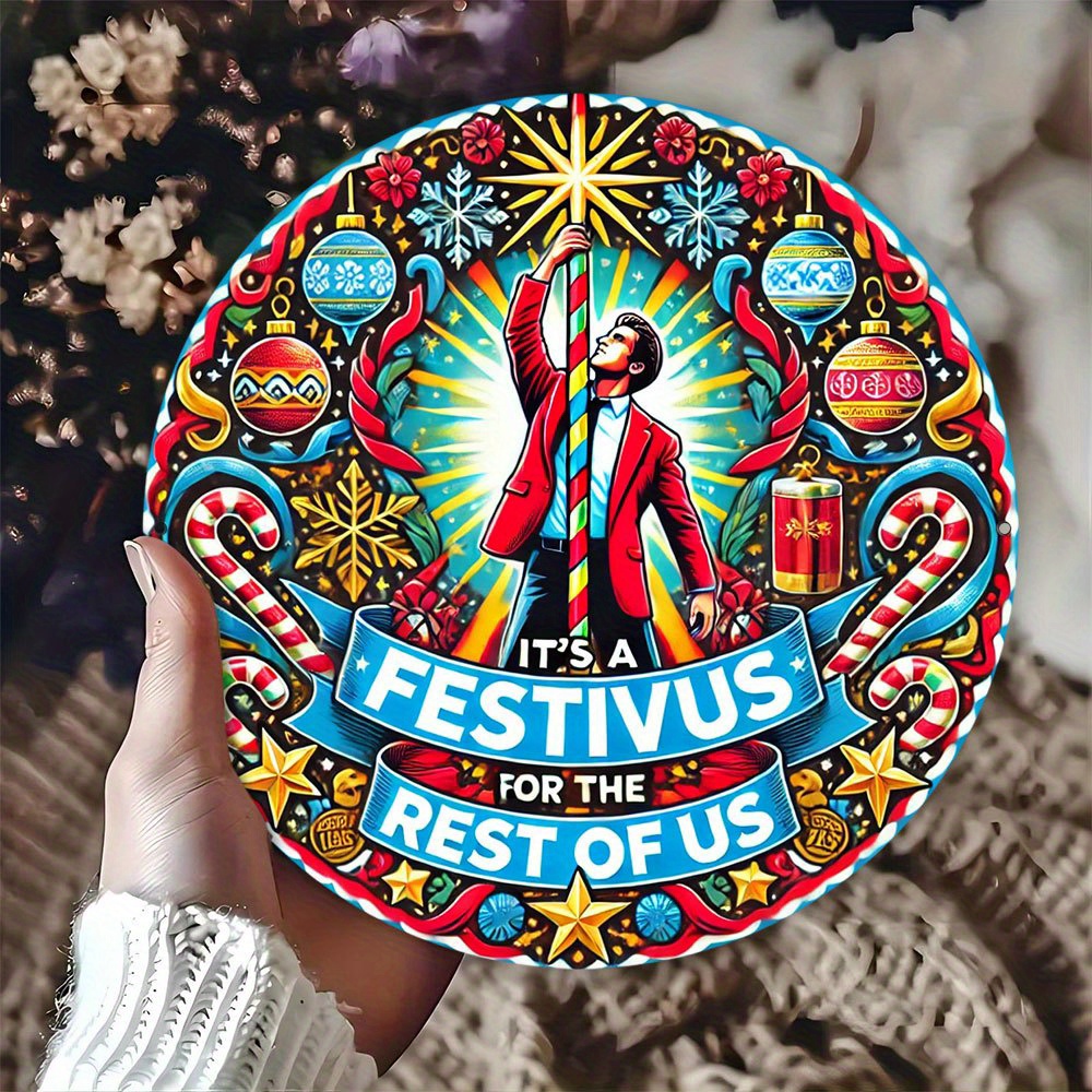 

Room Decor Festivus Aluminum Metal Sign, Round, , & , , With Holiday Decor For