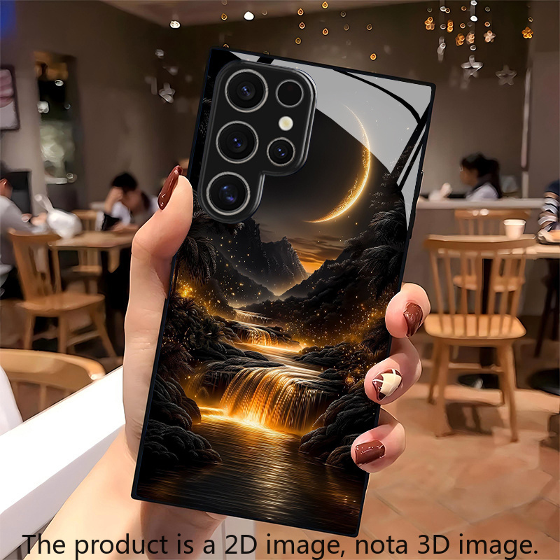 TEMU Phone Case - Waterfall Night Scene Pattern Tempered Glass Phone Case, Suitable For Galaxy S25 Plus/s25 Ultra/s24 Plus/s24 Ultra/s23 Ultra/s23