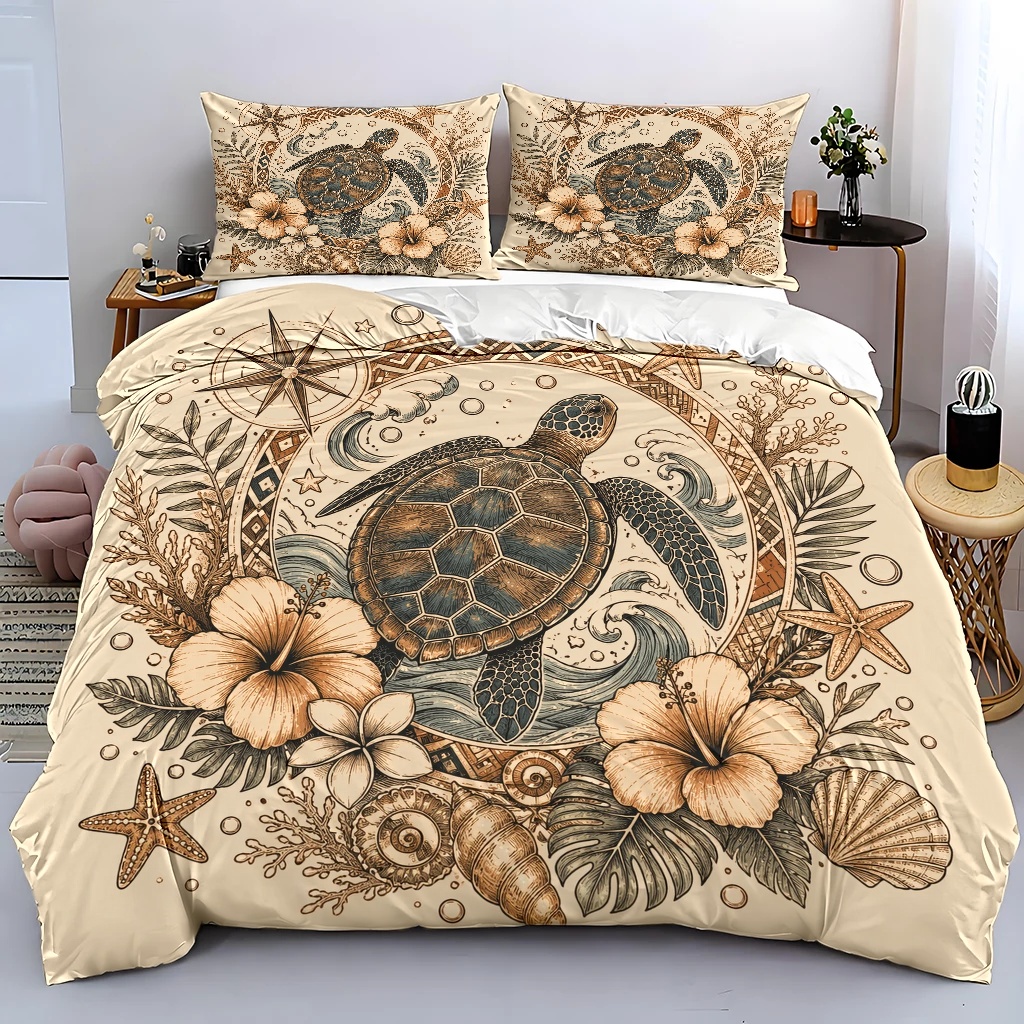 TEMU Ensemble de housse de couette 3 pièces "Tortue Océan Tropical Florale", Linge de lit 3 pièces (1 * Housse de couette + 2 * Taies d'oreiller),