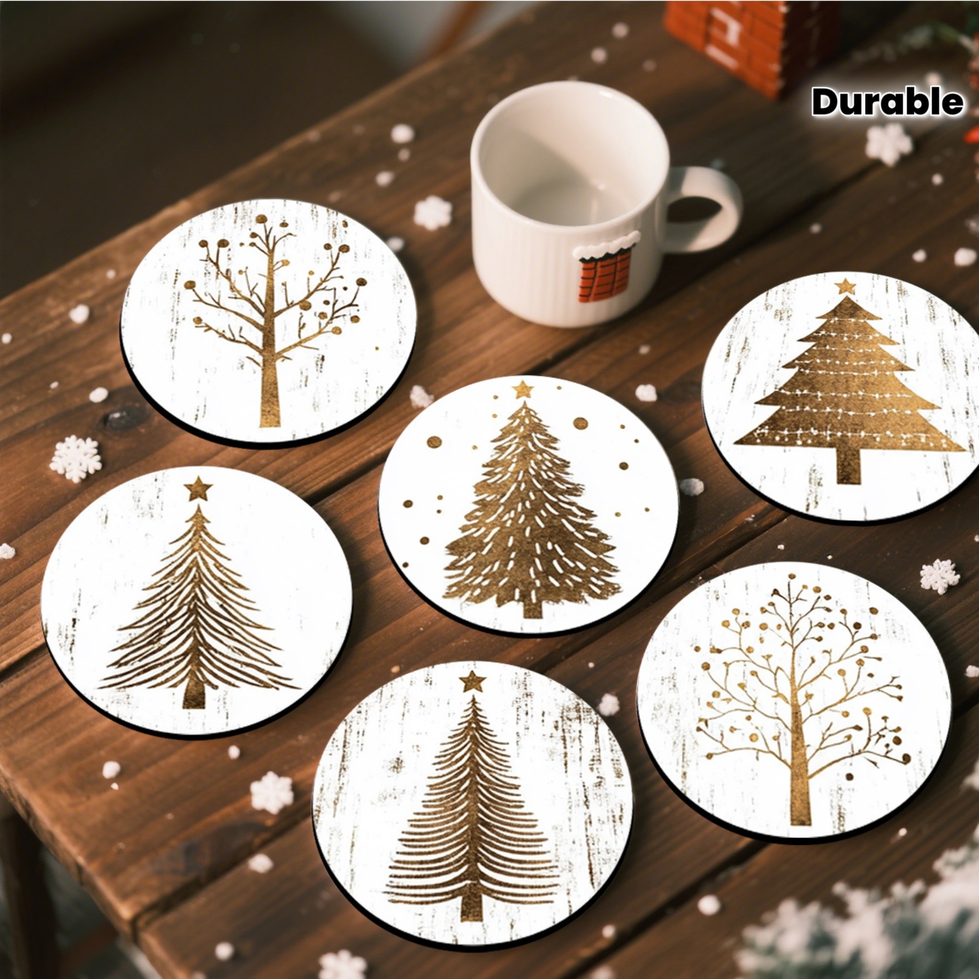TEMU 6 Christmas Tree Wooden Coasters With Star Patterns, Coffee Coasters, Suitable For Multi-occasion Decoration In Homes And Restaurants, Everyday