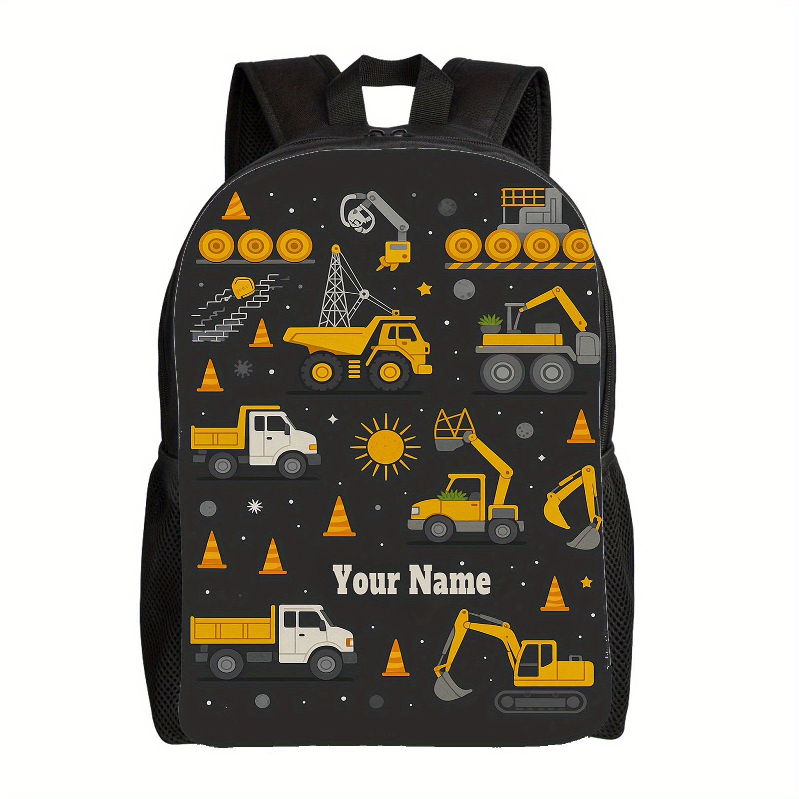TEMU 1pc 2d Printed Customizable Vintage Cartoon Truck Backpack Personalized Name Text, Construction Theme With Excavators And , Lightweight Capacity