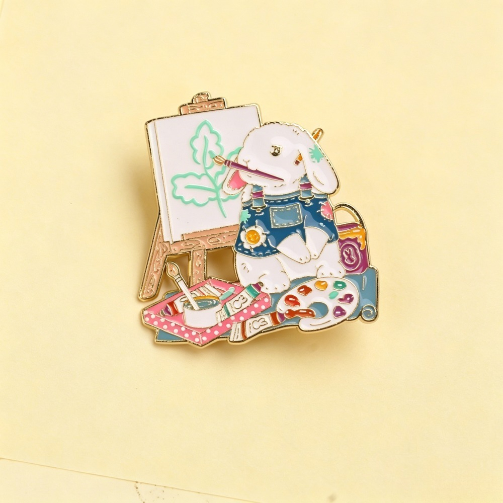 TEMU Artist Lop Eared Rabbit Enamel Badge - Cute Painter Bunny Easel Paint Palette Art Themed Badge For Art Students Outfit Decor And Sweet Cartoon