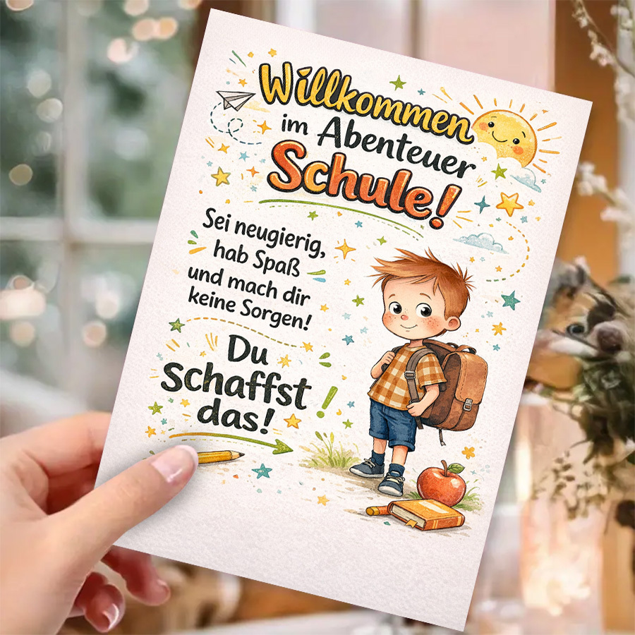E-shop Grußkarte + . Umschlag. Grußkarte „Abenteuer Schulanfang“ – Fröhliches deutsches Design mit Sonnenschein, Sternen Rucksack-Motiv. für den