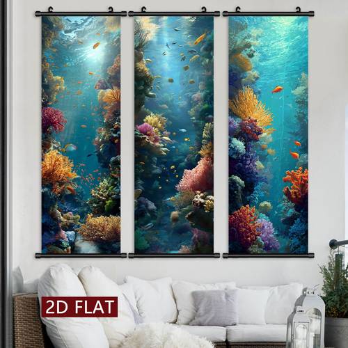 2d flat 2d flat 2d flat set of 3 hanging scroll paintings featuring underwater fish home decor canvas posters serve as wall art for spaces including living rooms bedrooms offices kitchens restaurants