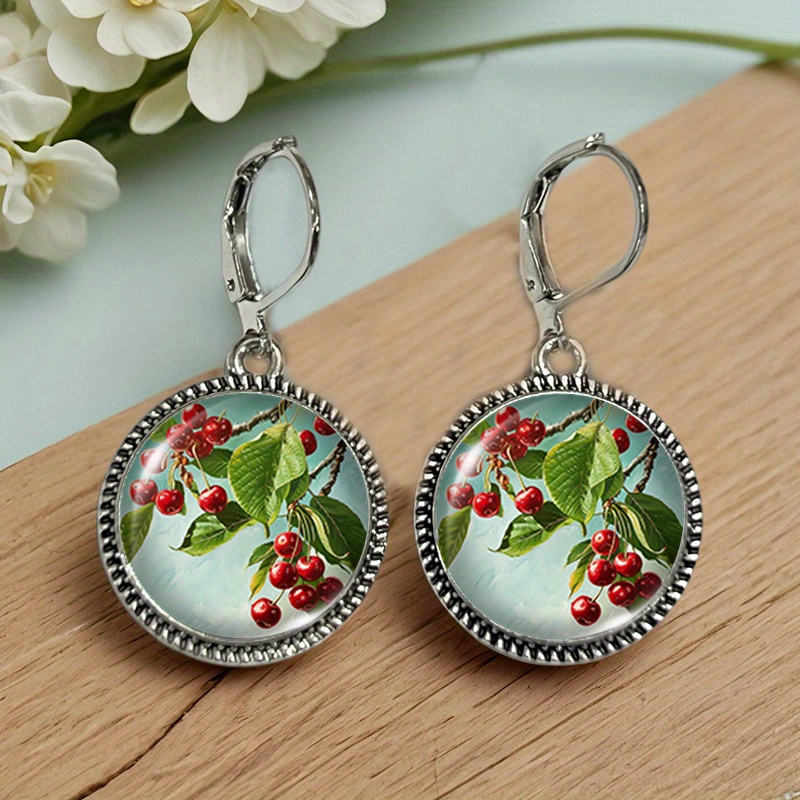 TEMU 1 Pair Of Cherry Tree Branch Vintage Round Glass Earrings