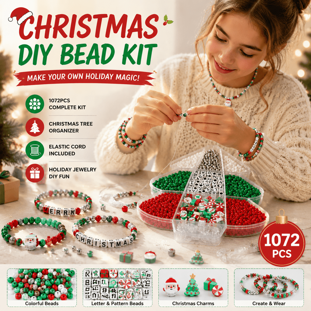 TEMU 1072pcs Christmas Bead Kit With Christmas Tree Organizer Box, Bracelet Making Set With Alphabet Beads, Holiday Charms & Elastic Cord Included,