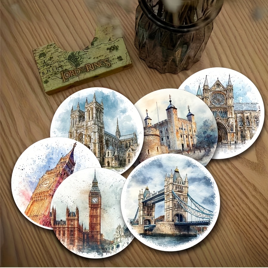 TEMU 6pcs London Scenery Wooden Coasters Set - Round Heat-resistant Non-slip Drink Mats, Iconic Home Decor And Party Gift, Perfect Housewarming Or