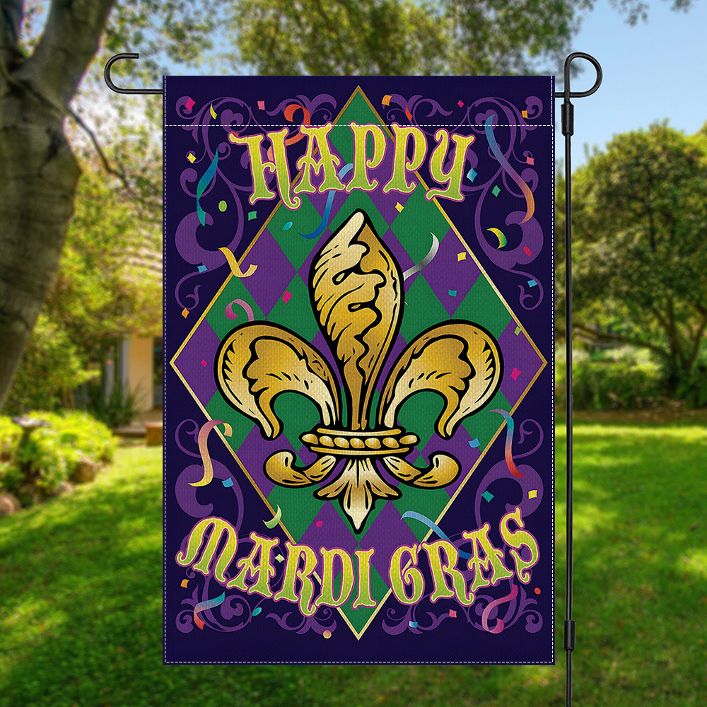 

1pc Mardi Gras Double-sided Polyester Garden Flag, 12x18in Festive Diamond Design Yard Decor, Outdoor Home Decoration, No Flagpole Included