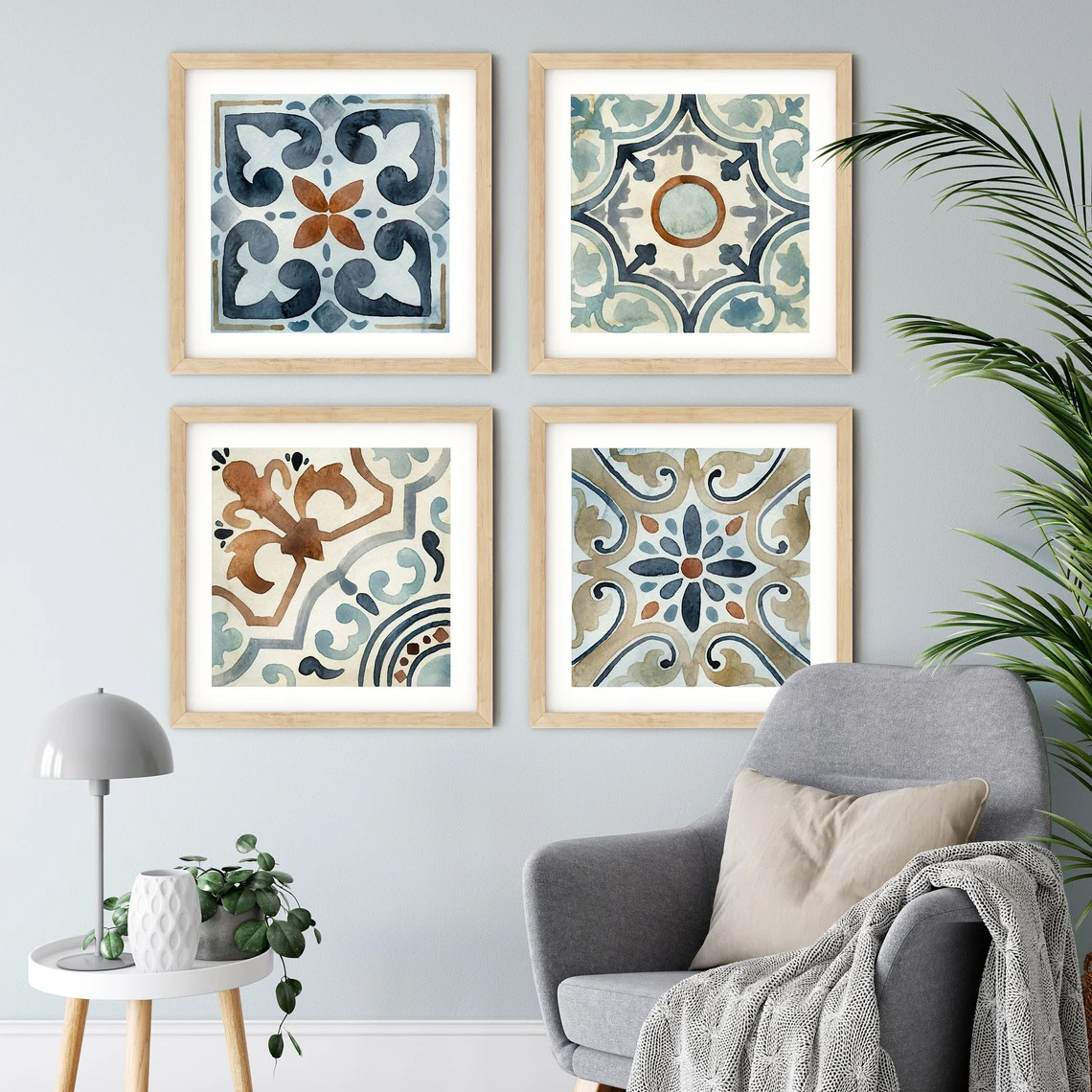 TEMU 2d Flat, 2d Flat, A Set Of 4 Pieces, Featuring Wall Art, A Vintage Poster, And A Print Of Spanish Tile Art. This Canvas Painting Showcases Blue