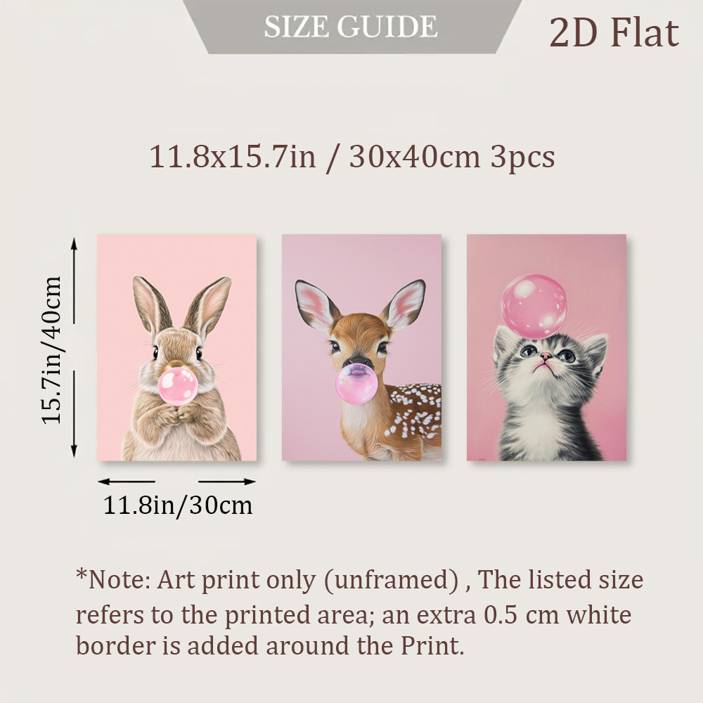 TEMU 2d Flat, 3pcs Bubble Gum Animal Wall Art Prints - Cute, & Posters Suitable For, Room, Living Room - Modern Rustic Vertical Canvas Paintings,