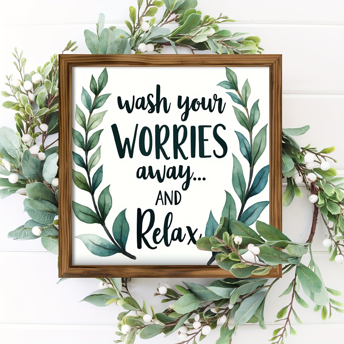 TEMU 2d Flat - 2d Farmhouse 1pc Rustic Wooden Wall Decor " Your Troubles, Relax Your Mind" - 8x8 Inch Botanical Decoration With Eucalyptus Leaves,