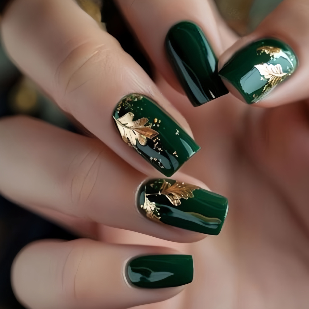 

24pcs Elegant Emerald -on Nails Set With Leaf Design - Medium Square False Nails For Women & Girls, & Dates, Includes Jelly Adhesive & Nail File