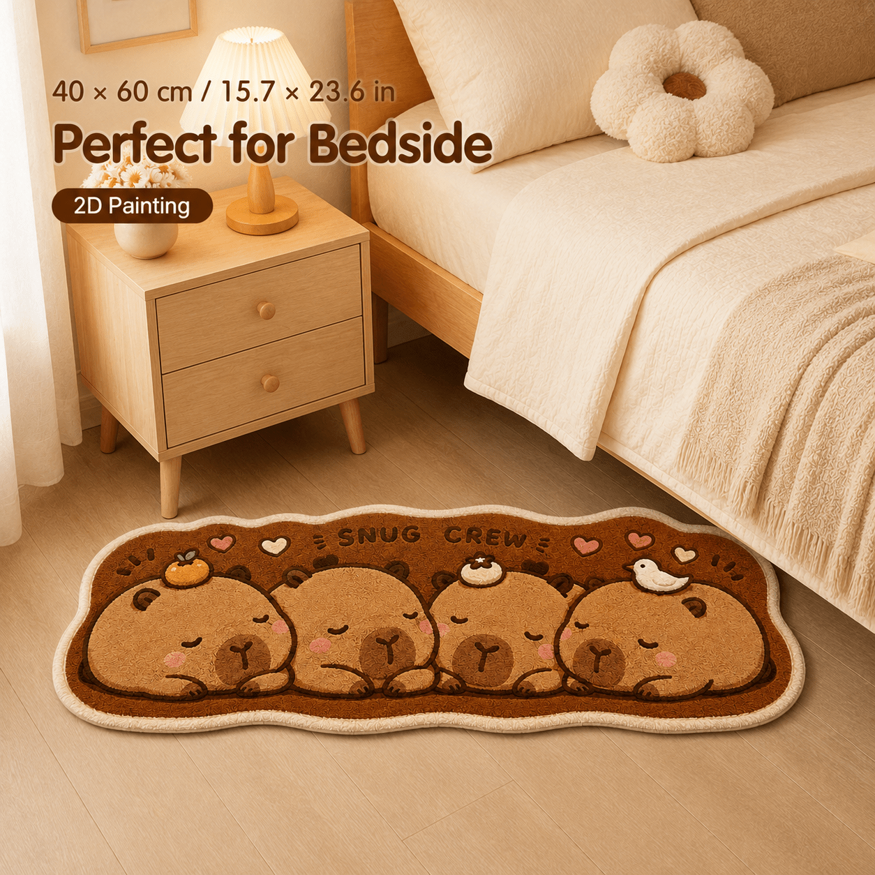 TEMU 1pc 850g/mÂ² Velvet Floor Mat, Cute Capybara Irregular Long Runner Rug, Suitable For Bedside, Living Room, Bedroom, Machine Washable Polyester