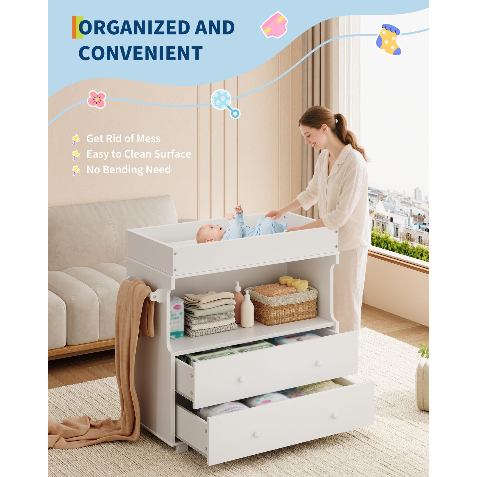 Baby Changing Table Dresser with 2 Drawers & Open Shelf - Modern White Nursery Dresser, Diaper Changing Station with Lock-Free Design, Non-Wood Durable, Easy Assembly for Kids Room, Nursery, Baby Room Storage Organizer