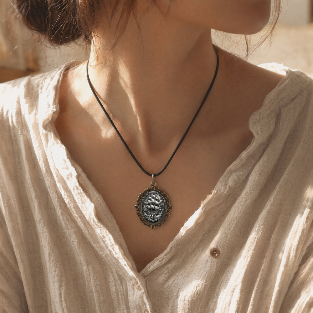 Vintage Oval Embossed Pendant Necklace, Unisex Design
