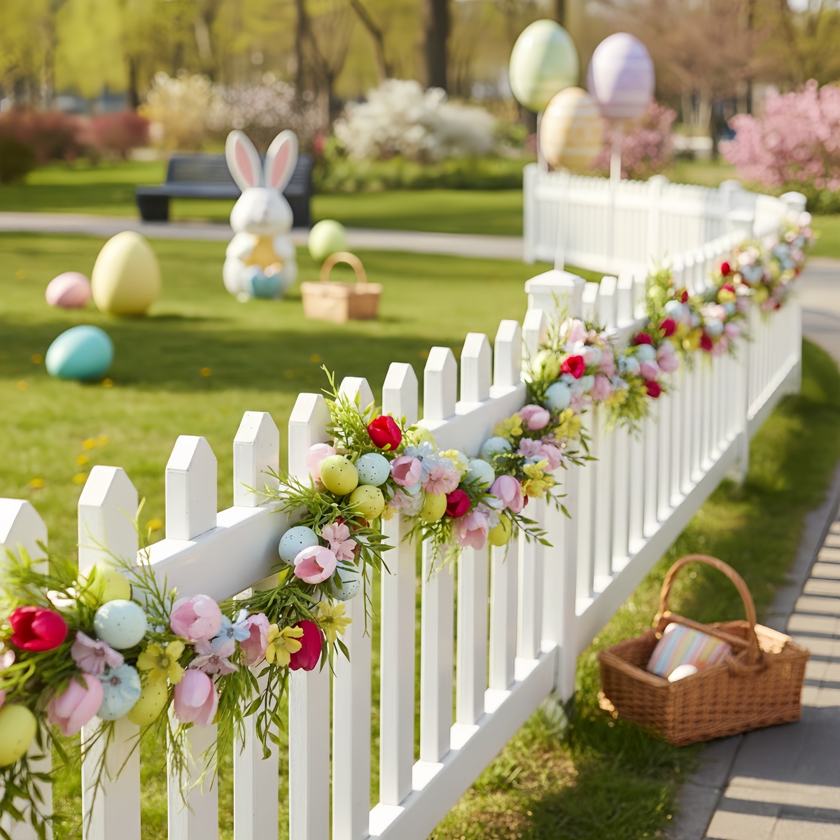 E-shop 6ft Kunststoff--Eier & Frühlingsblumen-Girlande mit Eiern – Leichte Frühlings- Sommerdekoration für Kaminsims, Wand, Fenster, Tisch – Eier für
