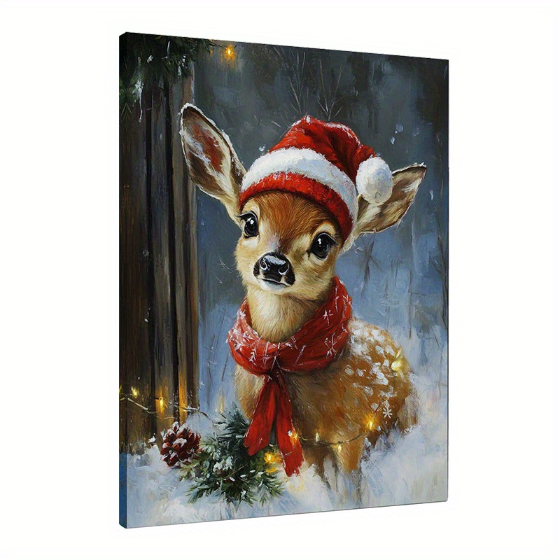 

1pc Wooden Christmas Deer Canvas , 30x40cm, Holiday Decor With Santa Hat And Snowy Background For Living Room, Bedroom, Office