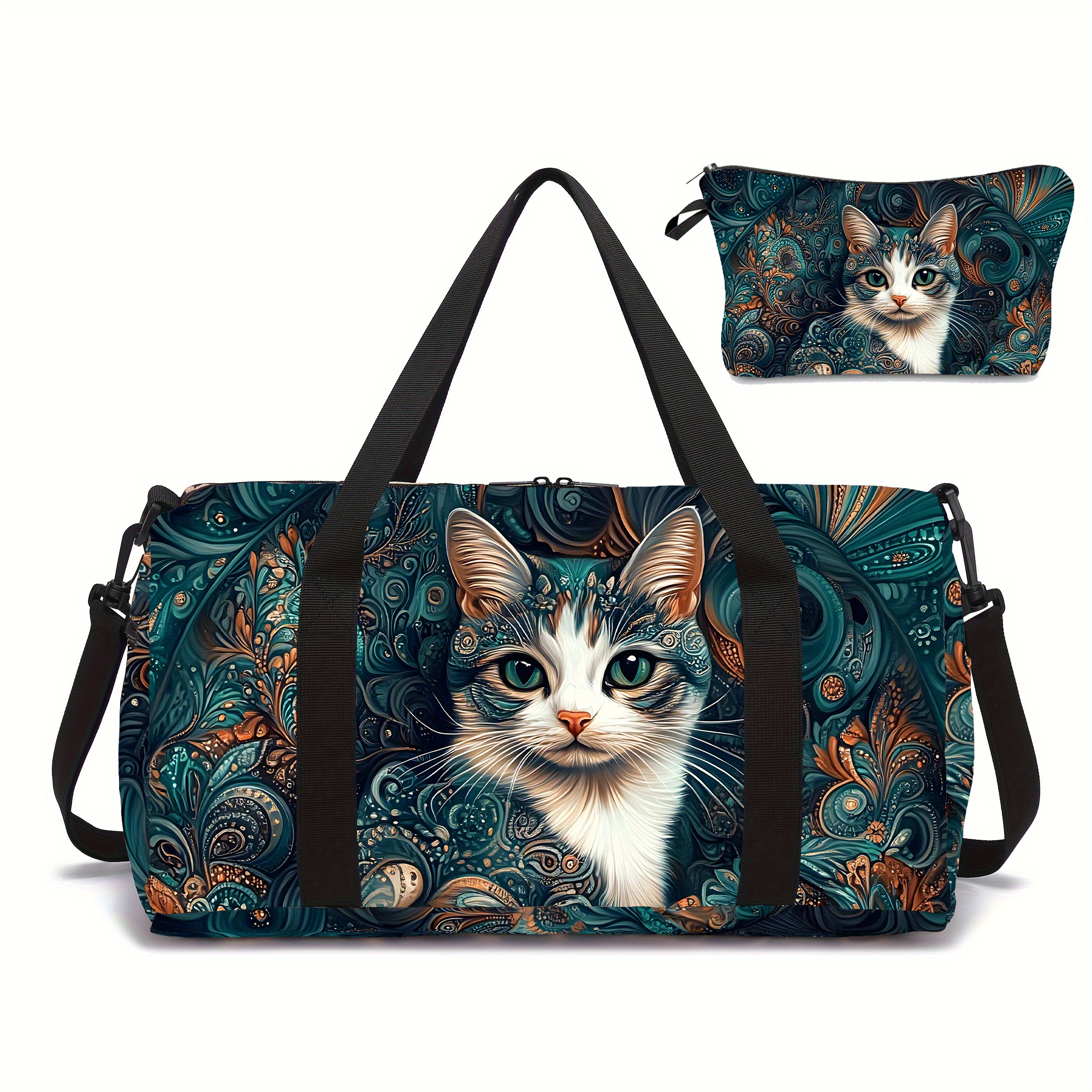 TEMU 2pcs Bronze Cat Print Outdoor Sports Yoga Bag   Coin Purse, Polyester Travel Bag   Makeup Bag, Random Print, Unisex, Ideal Gift , Suitable For