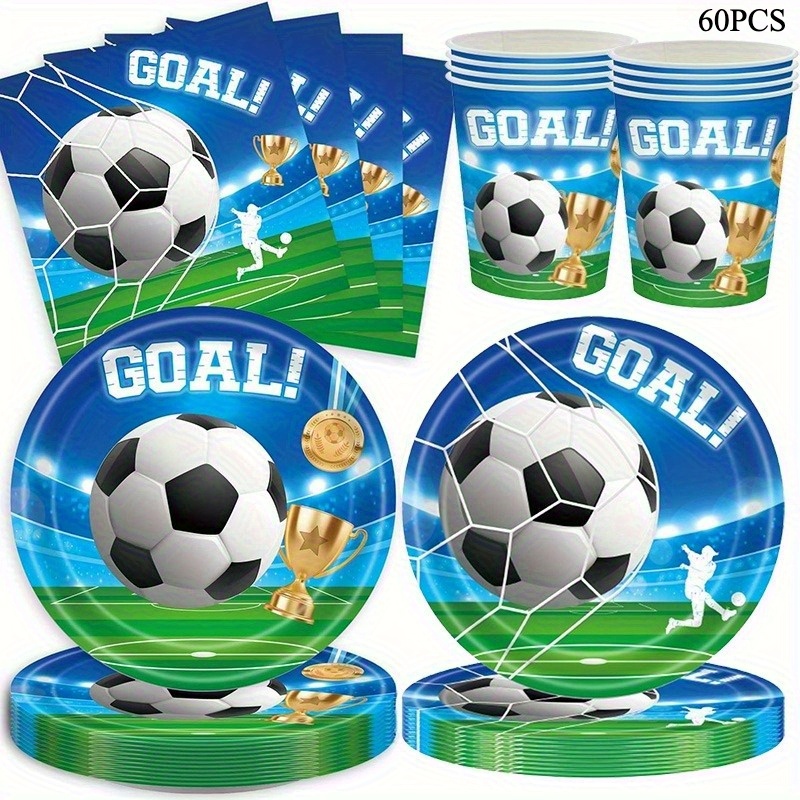 Set Of 60pcs For A Soccer-themed Birthday Celebration, Featuring Dinner Plates, Napkins, And Cups