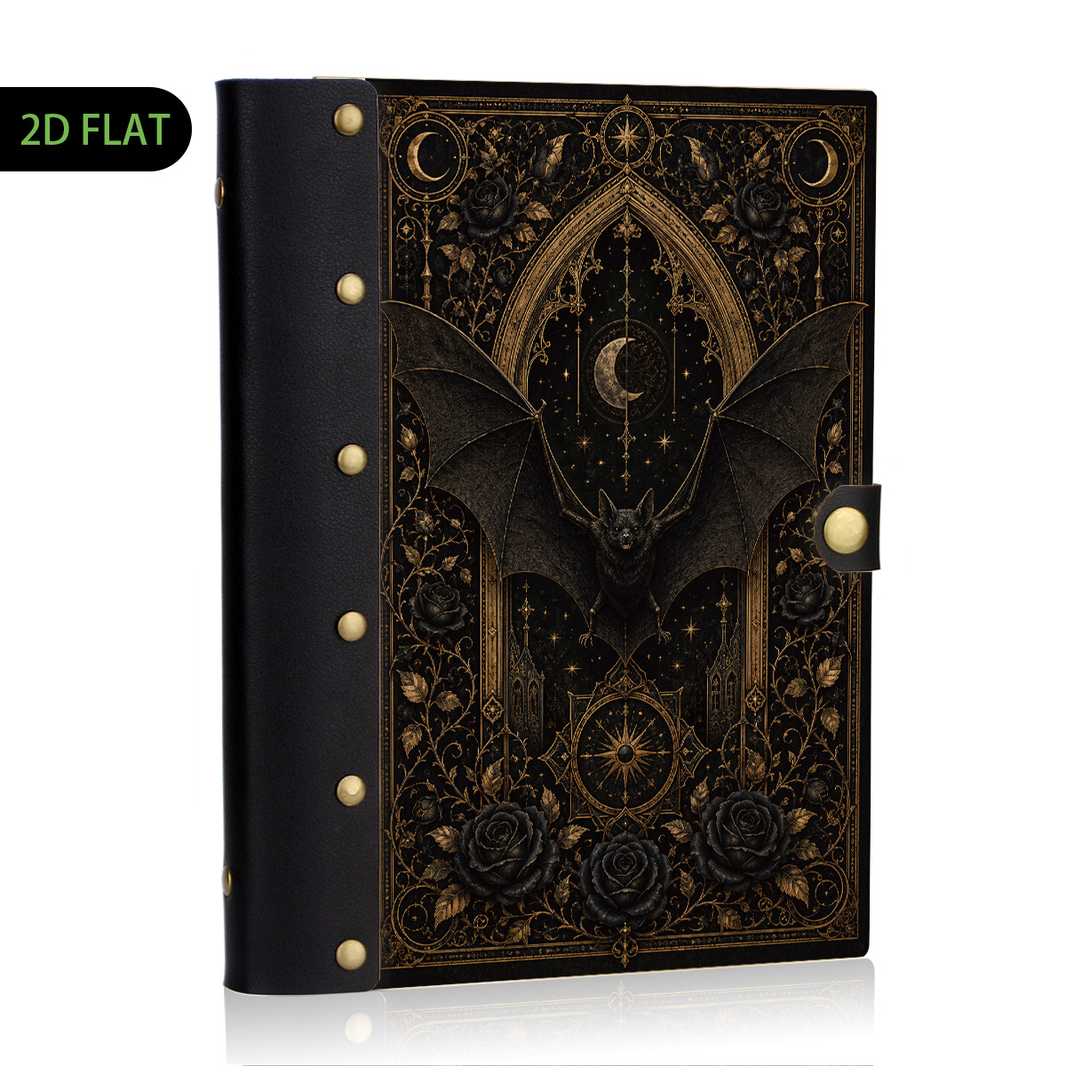 TEMU 1pc Dark Gothic Bat Black Rose Celestial Wood Leather Binder Notebook, Refillable Loose Leaf, 2d Flat Hard Shell Metal Rivets, Eye-friendly ,