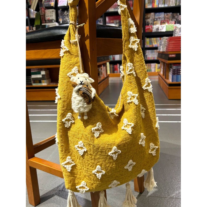 Image of Heavy Niche Tassel Messenger Bag, Large-capacity Yellow Tassel Shoulder Bag With 3d Printing, Suitable For Students To Go To Class, , And Travel