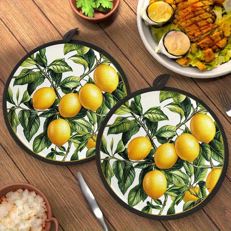 E-shop 2er-Set Küchenartikel - Rund mit Zitronen- und grünen Blättern Design, Wiederverwendbar, 8X8 Zoll, Hergestellt aus Polyester, Geeignet für,