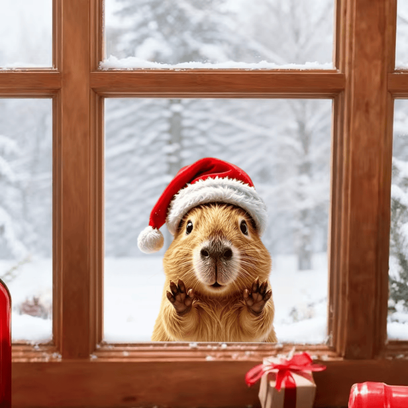 TEMU Pegatina 2D para ventana - 1 pieza, calcomanía para ventana con capibara con gorro de Navidad y de nieve en 2D, pegatina decorativa de invierno