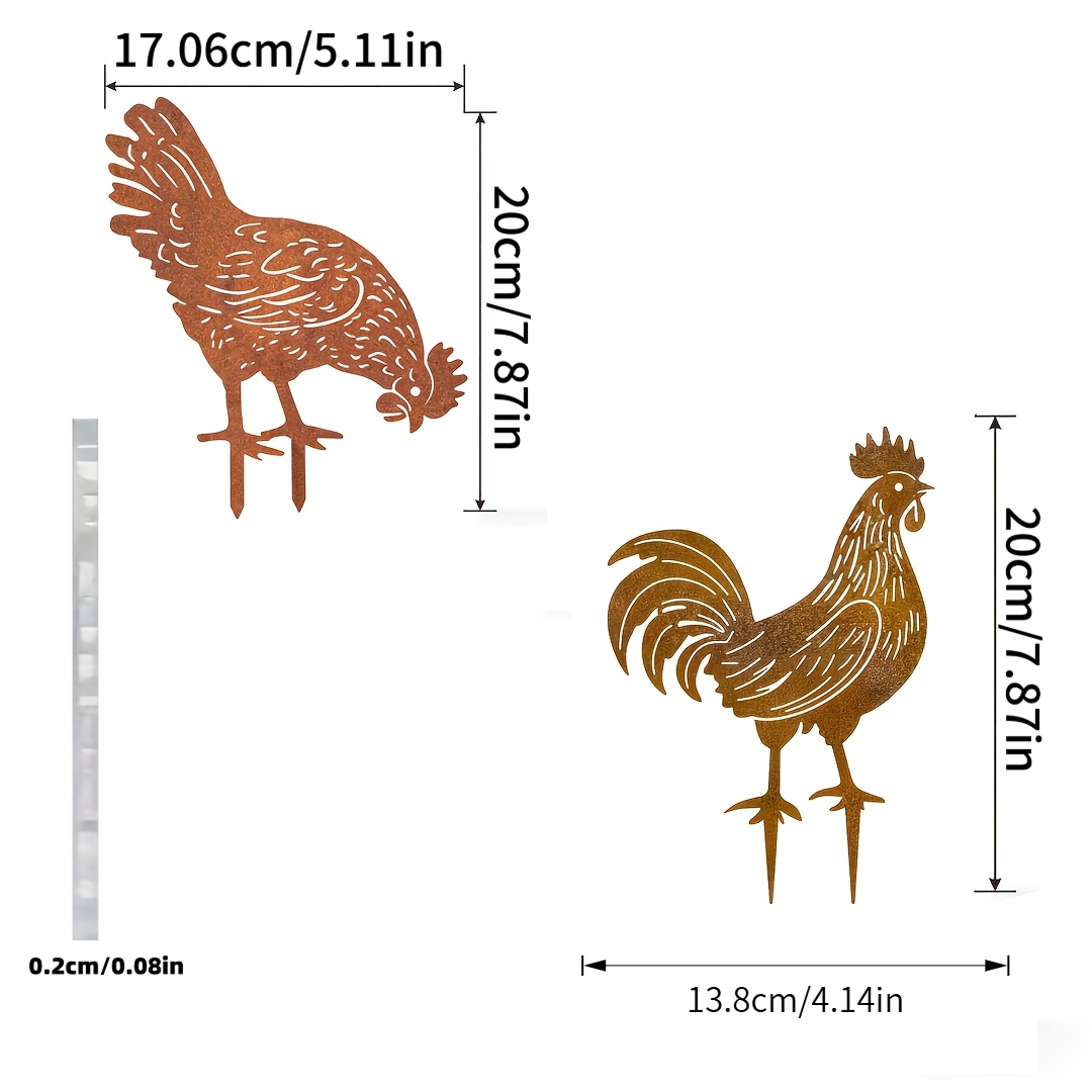 TEMU 【2d Flat】 [2d Flat] 2pcs Retro Style Acrylic Rooster Stakes With Natural Rust Appearance - Perfect For Garden, Terrace, Balcony Decor - Unique