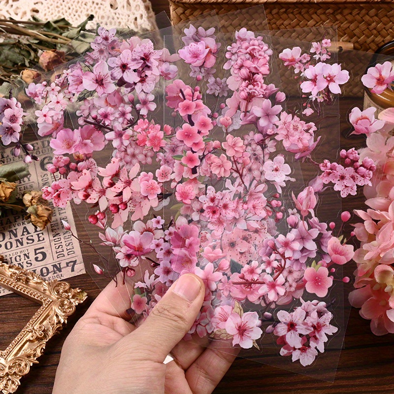 Image of 6 Sheets/pack Literary Pink Cherry Pattern Peach Pink Floral Sticker Pack Pet Transparent Cherry Stickers Phone Case Cup Computer Decoration Floral Stickers