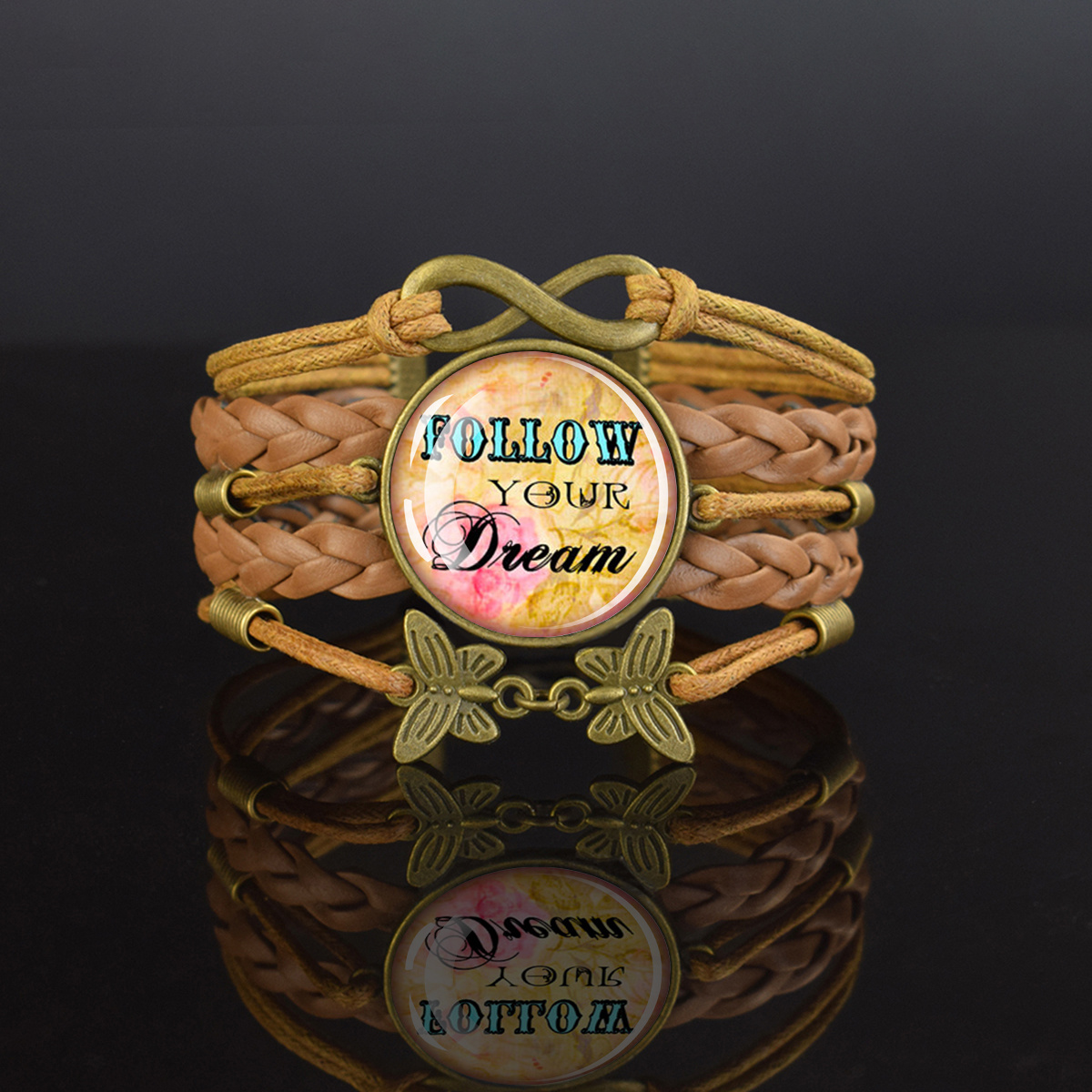 Adjustable Vintage Brown Bracelet with Dome Glass Inlay