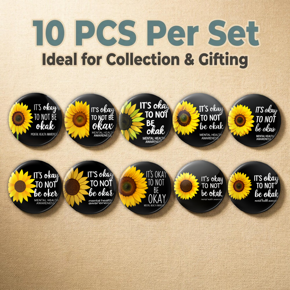 TEMU 10pcs Sunflower Pattern Badges Set Creative Cute Design Gift Office Commemorative Item It's Okay To Not Be Okak Mental Health Awareness Theme