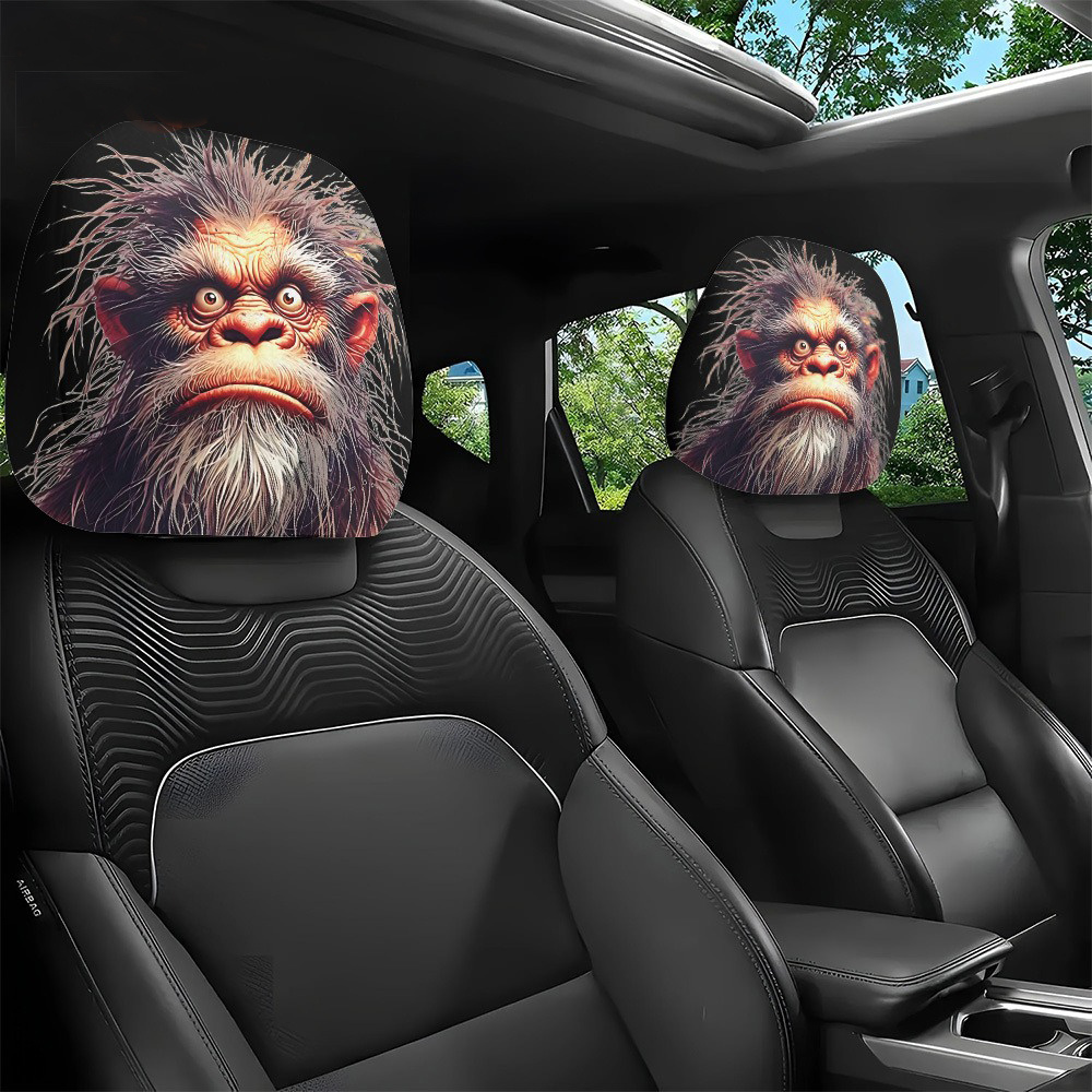 TEMU 2pcs Set Of Fun Gorilla Face Print Car Headrest Covers, 2d Flat, Modern-style Seat Headrest Protectors, And Remove, Machine Washable, Perfect