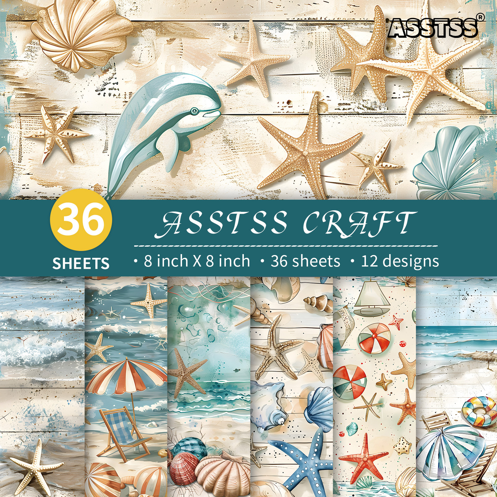 TEMU Bloc de Papier Scrapbooking 36 Feuilles 8*8 Pouces, Style Thème Vacances Côtières, Papier de Fond en Carton Épais pour Journaling, Art Collage,