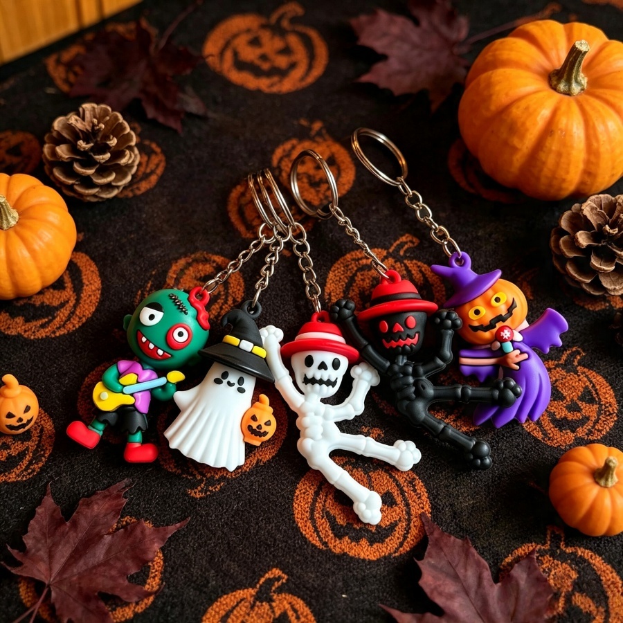 TEMU 5 porte-clés Halloween en PVC, de dessins animés, 3D, zombie, squelette, citrouille, sacs cadeaux de fêtes et pendentifs pour clés de voiture