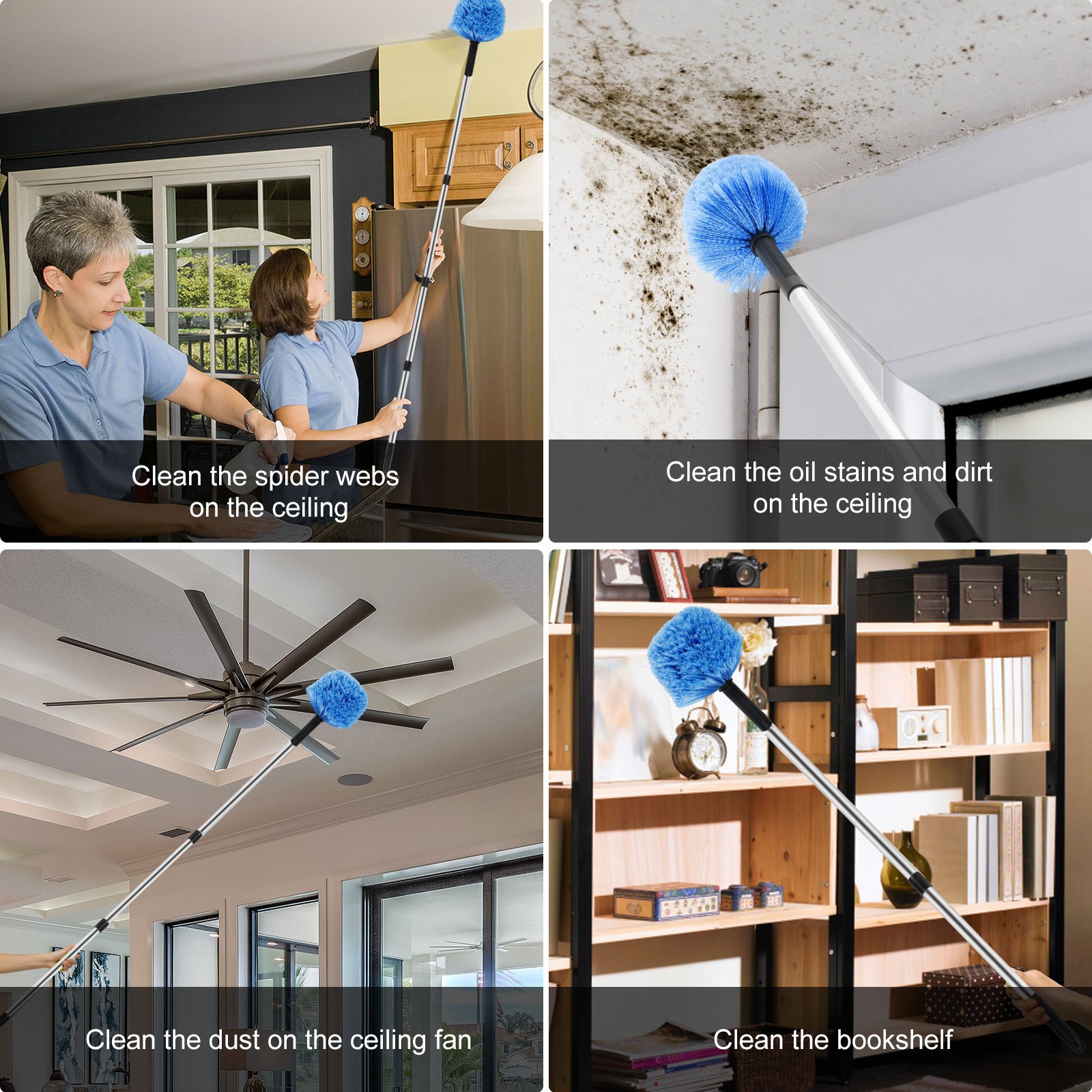 1 set blue cobweb duster with extendable stainless steel pole reusable spider web brush medium firmness no electricity needed multi component home cleaning tool for ceiling fan furniture details 5