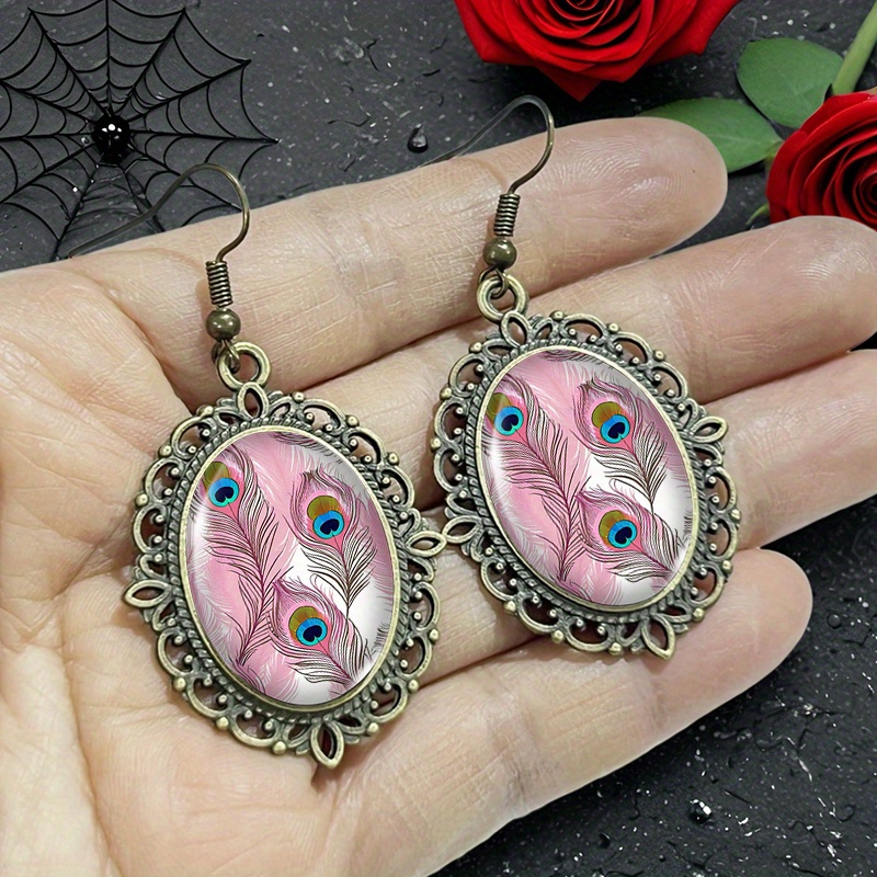 Women's Colorful Peacock Feather Oval Glass Dangle Earrings