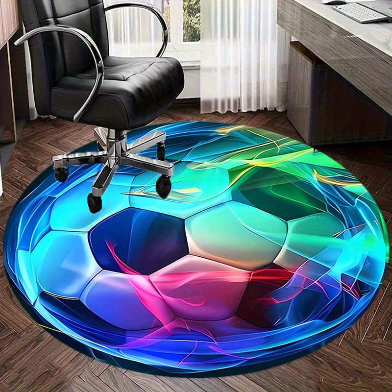 Image of 1pc Football Pattern Round Mat - 100% Polyester Polyester, 10mm Thick, 450gsm, Non-slip And Machine Washable Rug, Suitable For Living Room, Bedroom, Office Decor, Washable Mat