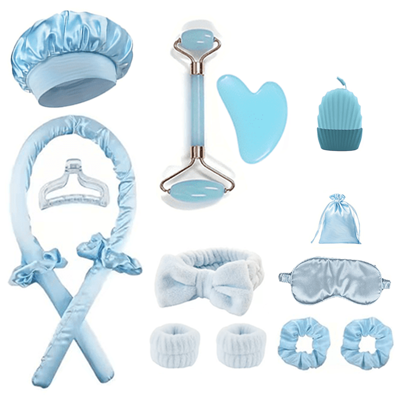 TEMU 15pcs Blue Hair Styling Tool Set, Including Heatless Curling Rod, Bow Headband Wristband, Facial Massager, Gua Sha Board, Reusable Cube Of Ice