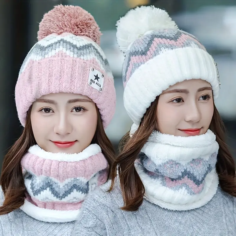2pcs winter womens winter hat and scarf set star decoration pink and white striped hat soft fleece beige pink white grey black elastic comfortable fleece lining suitable for skiing cycling daily cold weather multifunctional hat winter scarf set winter hat for women hat scarf set fall winter hats women Product details 1