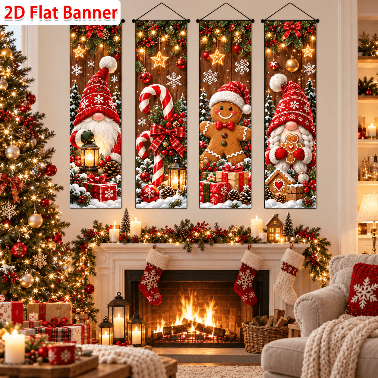 TEMU Bannière 2D Plate, 2D Plate - 2D Plate, 2D Plate - 2D Plate, 4 pièces, Matériau Polyester, Tapisserie de Décoration de Noël, Père Noël, Homme
