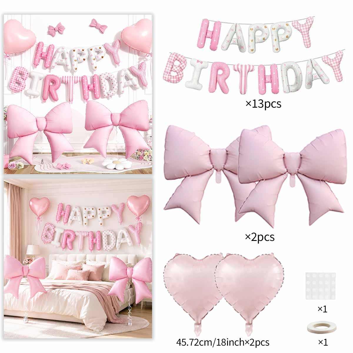 TEMU Pink Birthday Decoration Balloon Set, Including Large Pink Bow Foil Balloon, Heart-shaped Balloons, Bow Element Printed Happy Birthday Banner