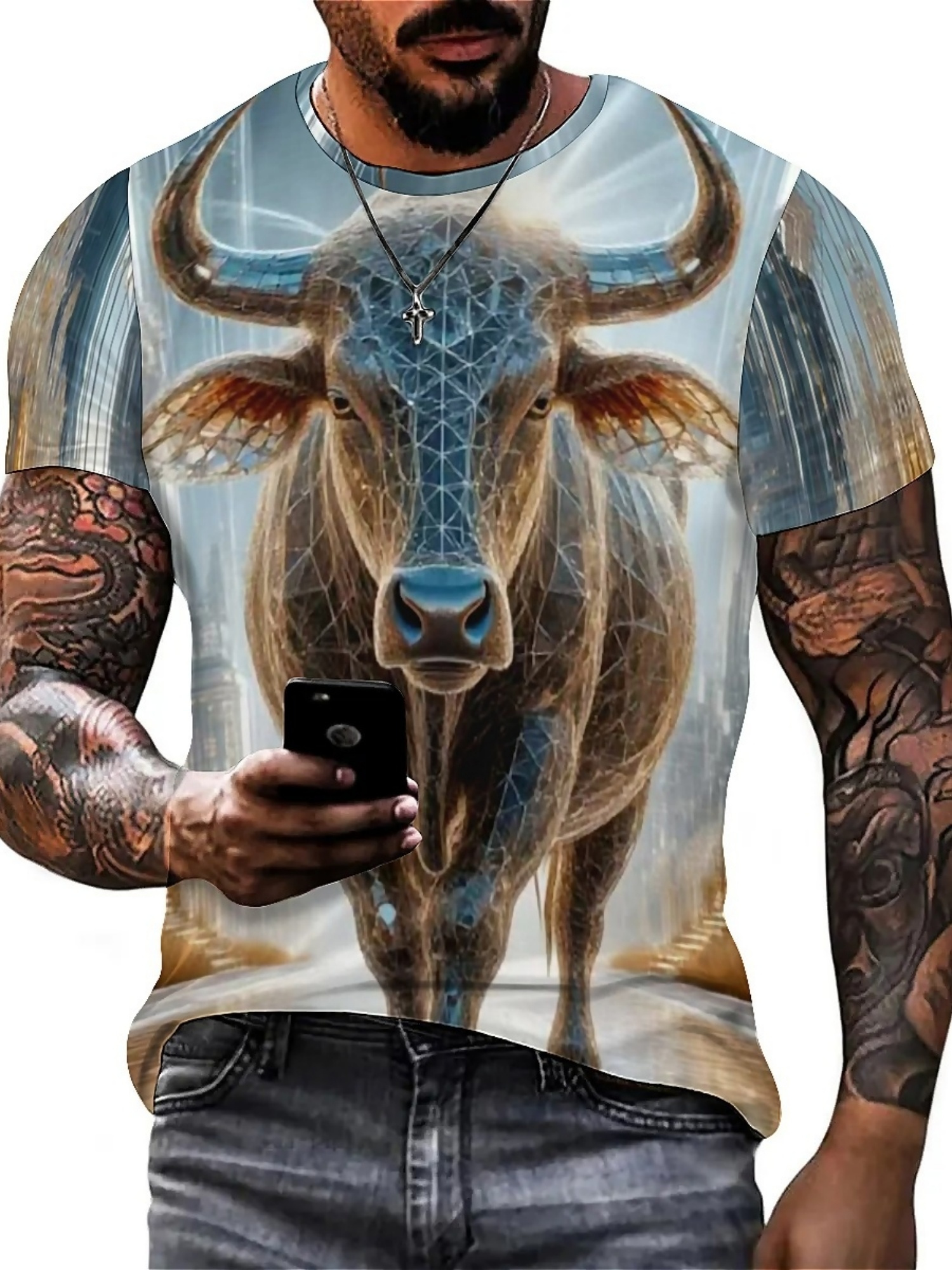 [print design - zonder textuur] lente zomer herfst winter levendige kleurrijke stier heren print t-shirt met korte mouwen heren party t-shirt plus size top zachte polyester stof print korte mouw