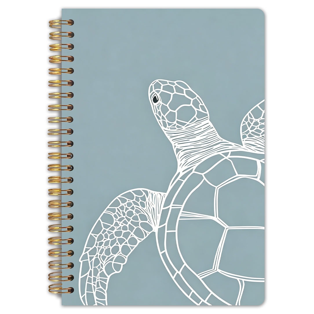 TEMU 1pc Spiral Notebook With Minimalist White Line Art Sea Turtle On Dusty Blue Cover, Quality Lined Paper, Easy Ocean Animal Design, For Daily
