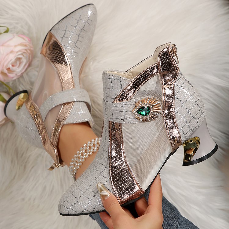 2025 Light Luxury Fashion Pointed Toe Mid-Heel Women's Ankle Boots, New Outdoor Mesh Rhinestone Metal Decor Color-Block Back Zipper Plus Size Fashion Boots, 11 Holiday Versatile Women's Shoes, Holiday Boots, Outdoor Footwear, Retro Style, Versatile